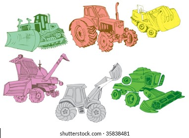 hand-drawn vector - set of various tractors