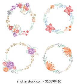 Hand-drawn vector set of vintage floral wreathes isolated on white background. Wedding, marriage, bridal, birthday, Valentine's day.