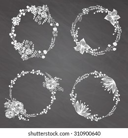 Hand-drawn vector set of vintage floral wreathes isolated on chalk board background. Wedding, marriage, bridal, birthday, Valentine's day