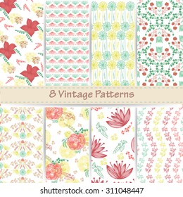 Hand-drawn vector set of vintage floral patterns and seamless backgrounds. Ideal for printing onto fabric and paper or scrap booking.Wedding, marriage, bridal, birthday, Valentine's day.