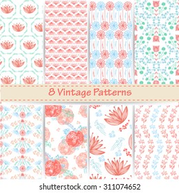 Hand-drawn vector set of vintage floral patterns and seamless backgrounds. Ideal for printing onto fabric and paper or scrap booking.Wedding, marriage, bridal, birthday, Valentine's day.