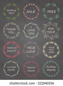 Hand-drawn vector set of vintage floral wreathes isolated on chalkboard. Wedding, marriage, bridal, birthday, Valentine's day