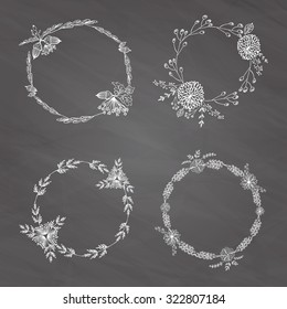 Hand-drawn vector set of vintage floral wreathes isolated on chalk board background. Wedding, marriage, bridal, birthday, Valentine's day