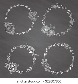 Hand-drawn vector set of vintage floral wreathes isolated on chalk board background. Wedding, marriage, bridal, birthday, Valentine's day