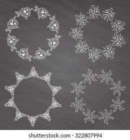 Hand-drawn vector set of vintage floral wreathes isolated on chalk board background. Wedding, marriage, bridal, birthday, Valentine's day