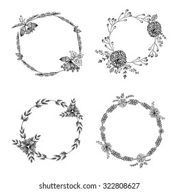 Hand-drawn vector set of vintage floral wreathes isolated on white background. Wedding, marriage, bridal, birthday, Valentine's day