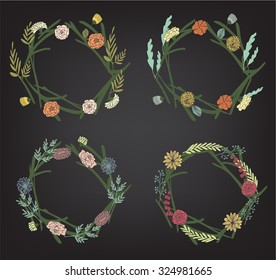 Hand-drawn vector set of vintage floral wreathes isolated on chalk board background. Wedding, marriage, bridal, birthday, Valentine's day. Bohemian style