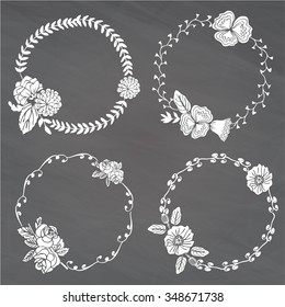 Hand-drawn vector set of vintage floral wreathes isolated on white background. Wedding, marriage, bridal, birthday, Valentine's day