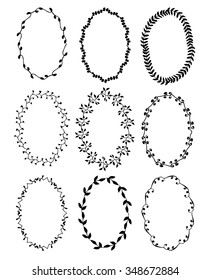 Hand-drawn vector set of vintage floral wreathes isolated on white background. Wedding, marriage, bridal, birthday, Valentine's day