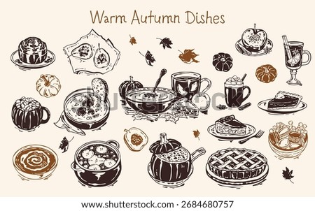 Hand-drawn vector set of warm autumn dishes in monochrome style. Includes pumpkin soup, baked apples and pears, cinnamon roll, pies, roasted pumpkin, mulled wine, compote, macarons and more