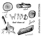 Hand-drawn vector set with wood, stick and lag in ink doodle style