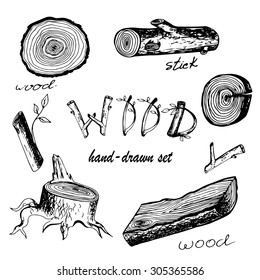 Hand-drawn vector set with wood, stick and lag in ink doodle style