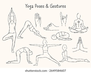 Hand-drawn vector set of yoga poses and hand gestures. Includes classic asanas such as lotus, tree, warrior, downward dog, and meditation poses, as well as symbolic mudras