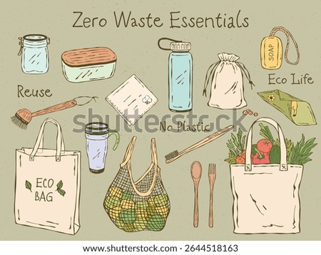 Hand-drawn vector set of zero waste essentials in colorful doodle style.
Includes reusable eco items like bags, bottles, containers, and natural accessories