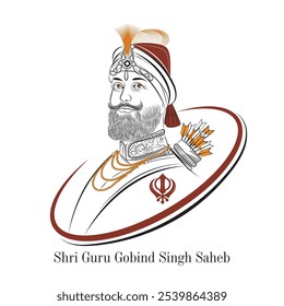 Hand-drawn vector Sikh 10th Guru, An illustration of Guru Gobind Singh, A line art of Indian history warrior