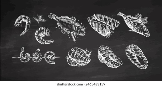 Hand-drawn vector sketch of barbecue fish and pieces of barbecue salmon steaks, prawns, shrimps. Doodle vintage illustration on chalkboard background. Decorations for the menu. 