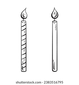 Hand-drawn vector sketch of a birthday candle set, including lit candles with flames. Make a wish. Perfect for birthdays, anniversaries, and celebrations. A must have cake decoration for kids parties