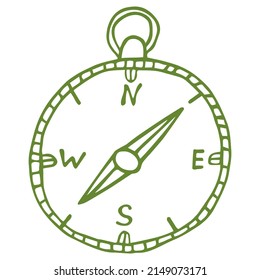 Hand-drawn vector sketch of compass. Green monochrome outline doodle icon isolated on transparent background