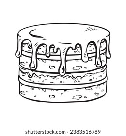 Hand-drawn vector sketch. Delicious multi-layered birthday cake. Wedding cake with various fillings between sponge layers. Dripping chocolate glaze on top. for celebrations, cards, invitations