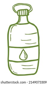 Hand-drawn vector sketch of flask with water. Green monochrome outline doodle icon isolated on transparent background