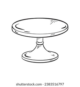 Hand-drawn vector sketch of a glossy cake stand, perfect for displaying cakes, pastries, and fruits. Its smooth surface, sleek backdrop, template for showcasing your products. for weddings, birthdays