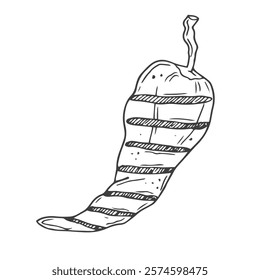 Hand-drawn vector sketch of half grilled bell pepper. Vintage illustration. Decorations for the menu of cafes and labels. Engraved image.