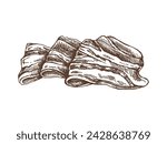 Hand-drawn vector sketch of hamon or pork meat, ham slice. Italian prosciutto vintage sketch. Butcher shop. Great for label, restaurant menu. Engraved image. 