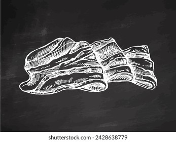 Dibujado a mano boceto vectorial de carne de hamón o cerdo, loncha de jamón sobre fondo de pizarra. Boceto vintage de jamón italiano. Ideal para etiqueta, menú de restaurante. Imagen grabada. 