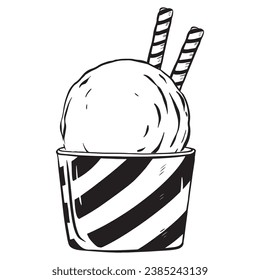 Hand-drawn vector sketch. Ice cream scoop in a cup with a crispy waffle straw. A summer treat. Delicious pleasure. Ideal for menus and decorating shops, cafes, and restaurants