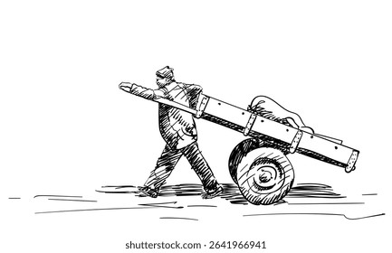 Hand-drawn vector sketch of a man pulling a handcart with load, side view. Black and white line art with shading, traditional transport concept, isolated on white background