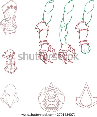 Hand-drawn vector sketch of medieval fantasy gear: clawed gauntlets, helmet, and assassin insignia symbols. Concept art illustration for gaming, apparel, or graphic design projects.