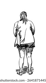 Hand-drawn vector sketch of a middle-aged woman standing, rear view. Wearing summer sandals, shorts, long-sleeve blouse, and fabric shoulder bag. Loose realistic line art on white