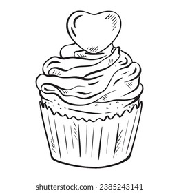 Esbozo vector dibujado a mano. Muffin con una corona de crema delicada. Tapa en forma de corazón. Perfecto para San Valentín, bodas, cumpleaños, invitaciones y aniversarios. para saludos, libros de color