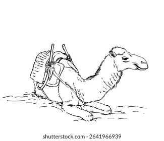 Hand-drawn vector sketch of a resting dromedary camel with authentic Moroccan saddle, legs folded beneath. Side-front view, head in profile. Clean line art without shading, isolated on white