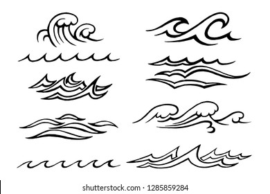 Hand-drawn vector sketch. Sea waves set of different shapes and speakers isolated on white background.