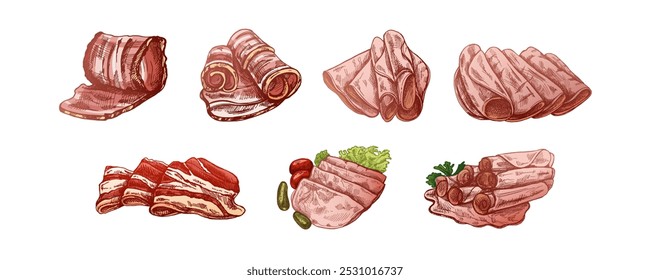 Esboço vetorial à mão desenhado de bacon, carne de hamon ou de porco, fatias de presunto. Prosciutto italiano vintage esboço. Açougue. Ótimo para etiqueta, menu de restaurante. Imagem gravada.	