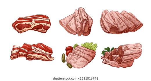 Esboço vetorial à mão desenhado de bacon, carne de hamon ou de porco, fatias de presunto. Prosciutto italiano vintage esboço. Açougue. Ótimo para etiqueta, menu de restaurante. Imagem gravada.	