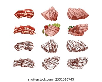 Esboço vetorial à mão desenhado de bacon, carne de hamon ou de porco, fatias de presunto. Prosciutto italiano vintage esboço. Açougue. Ótimo para etiqueta, menu de restaurante. Imagem gravada.	