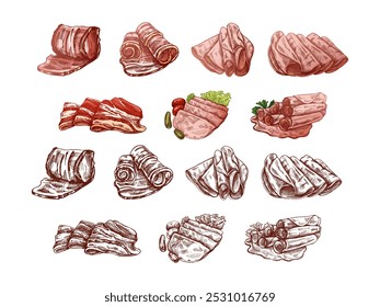 Esboço vetorial à mão desenhado de bacon, carne de hamon ou de porco, fatias de presunto. Prosciutto italiano vintage esboço. Açougue. Ótimo para etiqueta, menu de restaurante. Imagem gravada.	