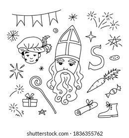 Hand-drawn vector sketch. Set of elements for the decoration of the traditional holiday St. Nicholas Day, Sinterklaas. Boot, carrot, flogs, fireworks, garland, stars.