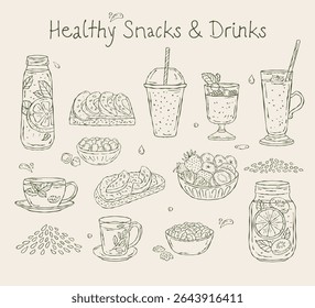 Hand-drawn vector sketch set of smoothies and healthy snacks. Minimal line illustrations perfect for wellness, food packaging, menus, and healthy lifestyle projects