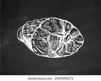 Hand-drawn vector sketch of sliced ham on chalkboard background. Italian prosciutto vintage sketch. Butcher shop. Great for label, restaurant menu. Engraved image.