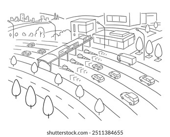 Esboço vetorial desenhado à mão de uma autoestrada com pedágio com uma fila de carros