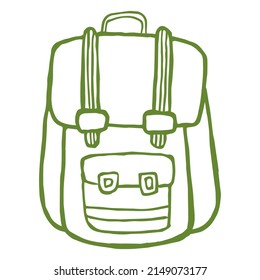 Esbozo vectorial hecho a mano de la mochila de viaje. Icono de doodle de contorno monocromo verde aislado en fondo transparente