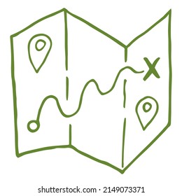 Hand-drawn vector sketch of travel paper map. Green monochrome outline doodle icon isolated on transparent background