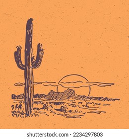 Hand-drawn vector sketch. Typical landscape desert of Arizona, State of America. 