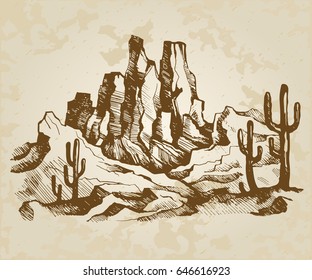 Hand-drawn vector sketch. Typical landscape desert of Arizona, State of America.  Western mountains and cactuses on a background old paper.