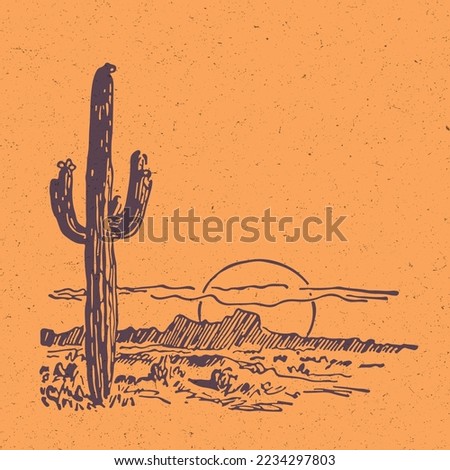 Hand-drawn vector sketch. Typical landscape desert of Arizona, State of America. 