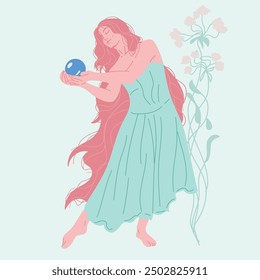 Hand-drawn vector sketch of a woman in the Art Nouveau style, including decorative and floral accents, traditional art, and modern fashion template, long hair.