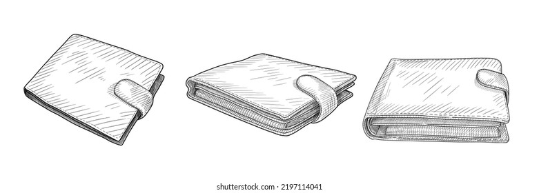 Hand-drawn vector sketches of a male wallet for money and credit cards. Purse from different angles isolated on white background. Set.